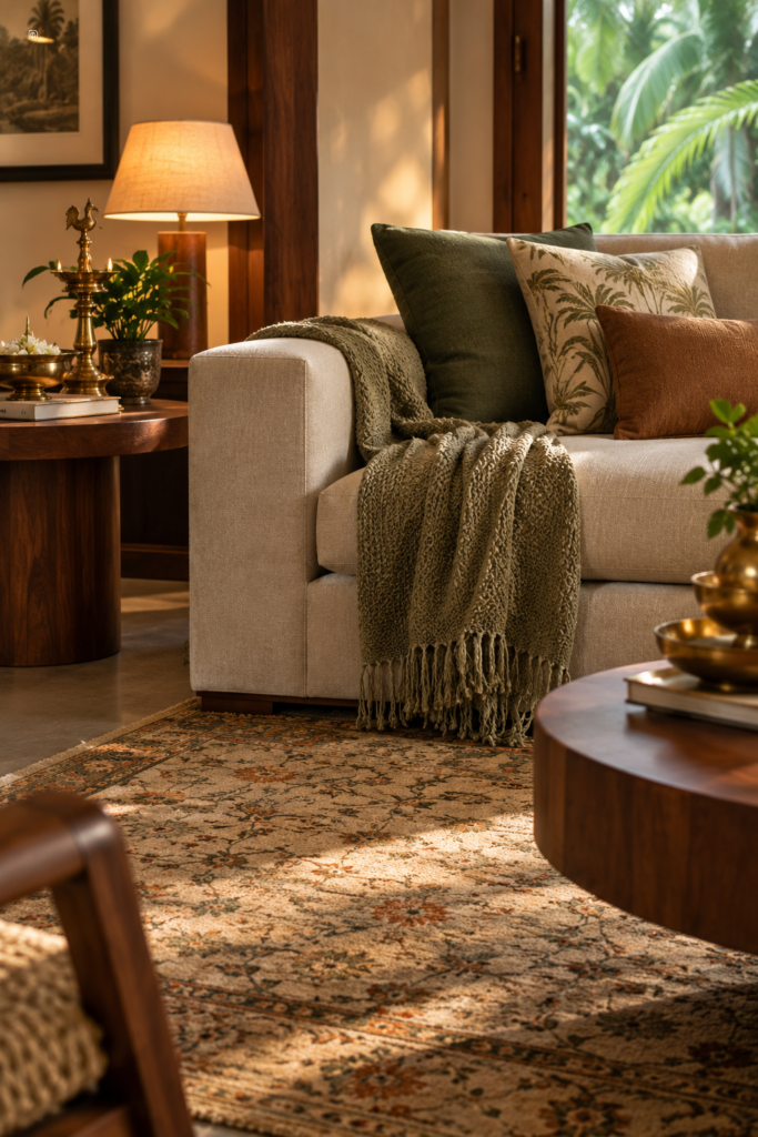 Tropical heritage living room decor and modern furniture in Calicut