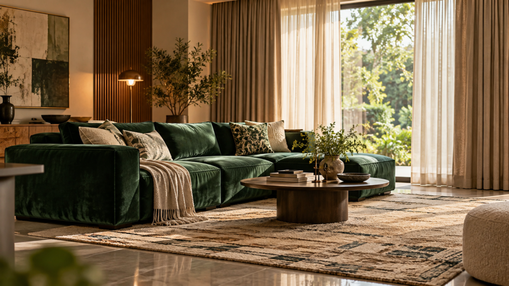 Luxury home decor and green velvet sofa upholstery by Inlite Furnishing in Calicut and Bengaluru