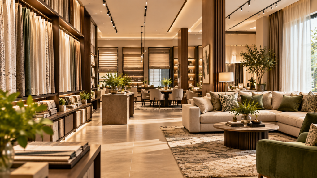 Inlite Furnishing store showroom display featuring custom curtain fabrics, carpets, and blinds in Calicut and Bengaluru